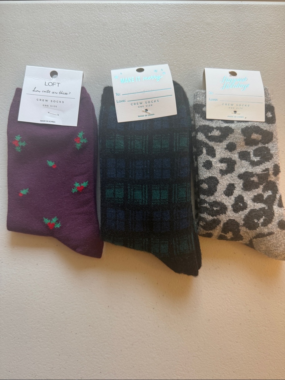 LOFT Winter 3-Pack Crew Socks - Burgundy Holly, Forest Plaid and Gray Leopard